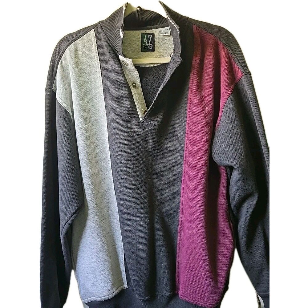 AZ SPORT Men's Vtg 90s Large Gray Black Burgundy Outdoor Button Pullover Shirt